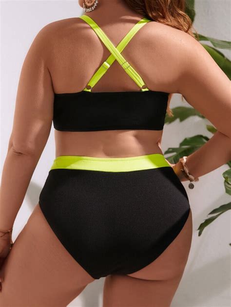 Shein Swim Sprty Plus Rib Knit Bikini Set Contrast Binding Cut Out