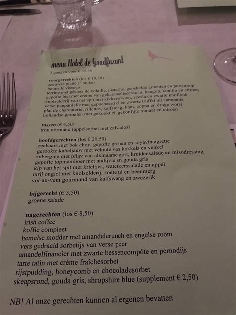 Menu at Hotel De Goudfazant, Amsterdam