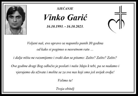 Sjećanje Vinko Garić Osmrtnice KSB