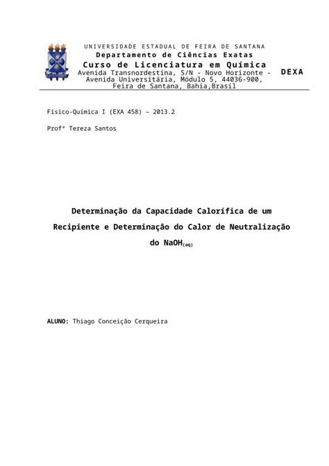 DOCX DETERMINAÇÃO DA CAPACIDADE CALORÍFICA E DETERMINAÇÃO DO CALOR DE