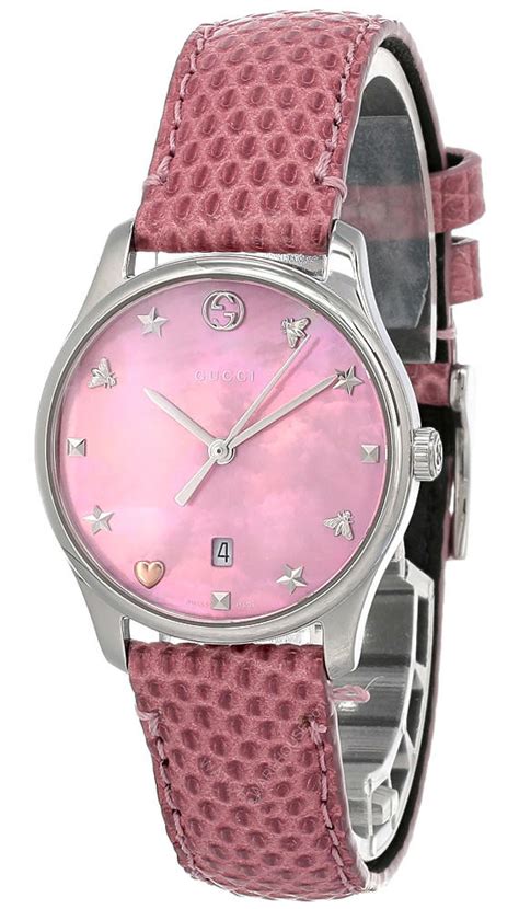 Gucci G Timeless 29mm Mop Dial Pink Leather Womens Watch Ya126586 Fast And Free Us Shipping