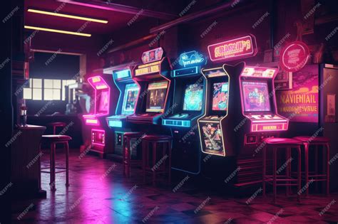 Premium Ai Image A Deserted Arcade Neon Lights Flickering And Casting