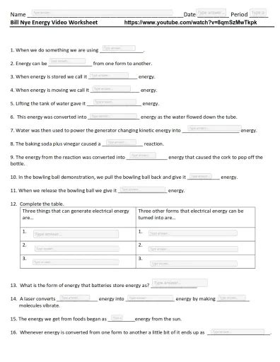 Bill Nye Video Quiz Energy Interactive Worksheet Edform Worksheets