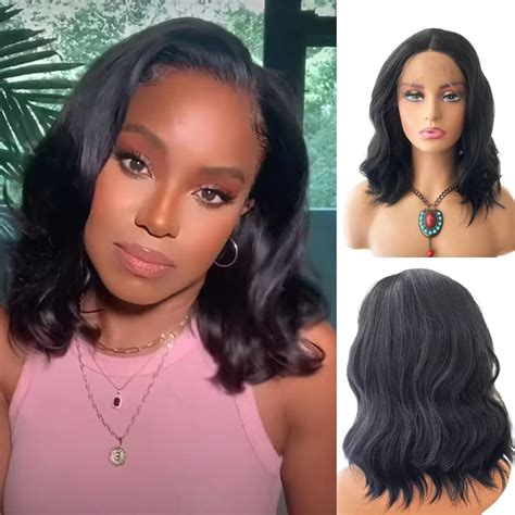 Amazon Rdy Short Wavy Black Bob Hair Synthetic Wigs Middle Part