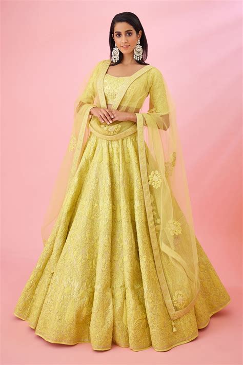 Buy Yellow Raw Silk Embroidered Patchwork And Floral Bridal Lehenga Set