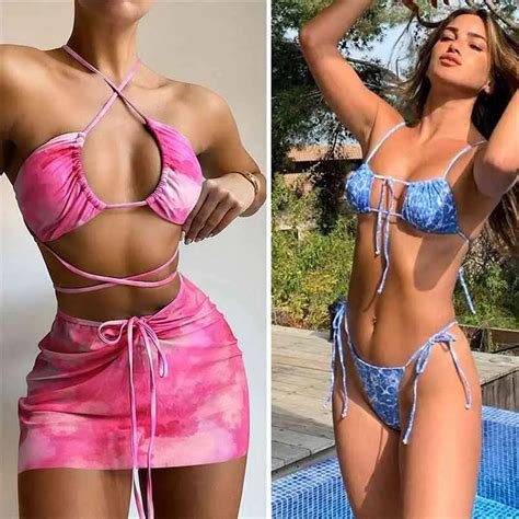 Miyouj Halter Bikini Set High Cut Micro Thong Brazilian Bikini Swimsuits For Women Solid Color