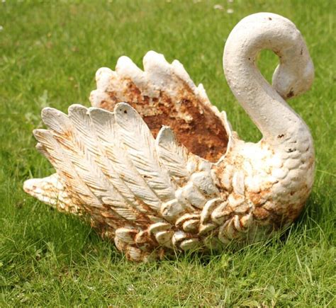 Two Victorian Cast Iron White Swan Planters Weathered Garden Pots C