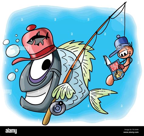 Cartoon Fish Character Goes Fishing Together With His Worm Friend