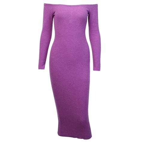 Off Shoulder Ribbed Knitted Long Sleeve Bodycon Midi Dress