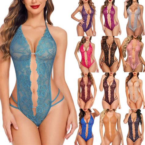 Nighties Sex Set Women Piece Lingerie Sexy Lace Bodysuit Deep V Teddy