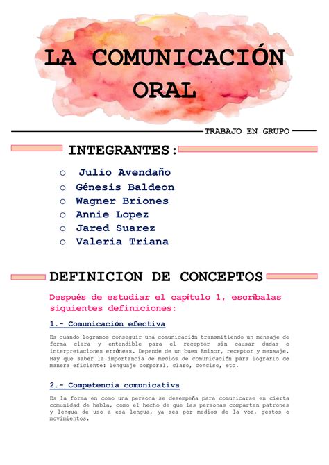 1 La Comunicación Oral La ComunicaciÓn Oral Trabajo En Grupo Integrantes O Julio Avendaño O