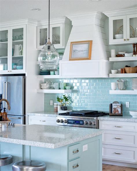 Coastal Blue Kitchen with White cabinets | Farmhouse kitchen ...