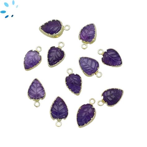 Amethyst Carved Leaf Shape Gold Electroplated Charm X X Mm Set