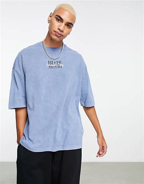 Asos Design Oversized Heavyweight T Shirt In Washed Blue With Miami