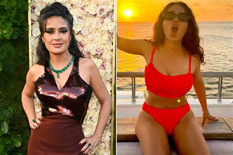 Salma Hayek Pinault Celebra Viajes Alrededor Del Sol En Sexy Bikini Rojo Archivo