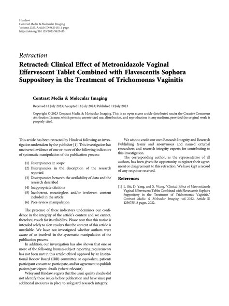 PDF Retracted Clinical Effect Of Metronidazole Vaginal Effervescent