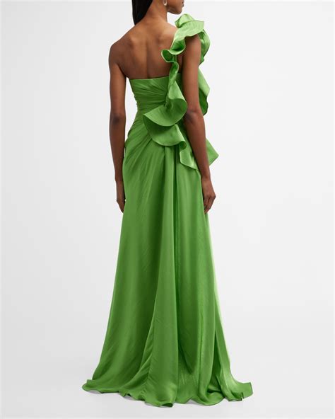 Badgley Mischka Collection Botanical Leaf Ruched Ruffle Sweetheart Gown