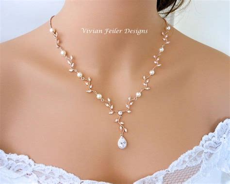 Wedding Necklace Pearl Rose Gold Y Bridal Vine Leaf Backdrop Cubic