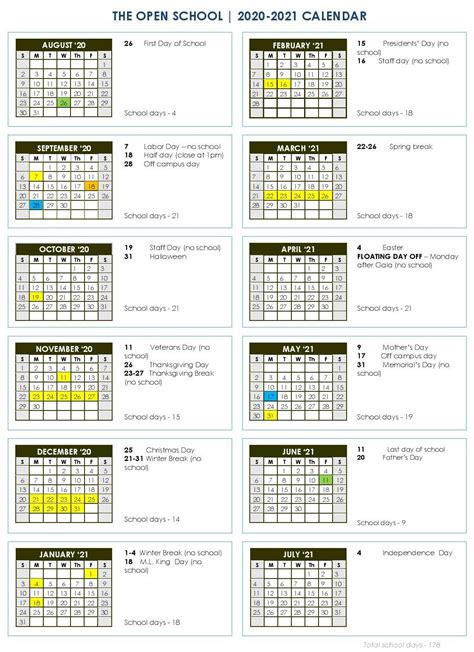 2020-2021 OC calendar | The Open School