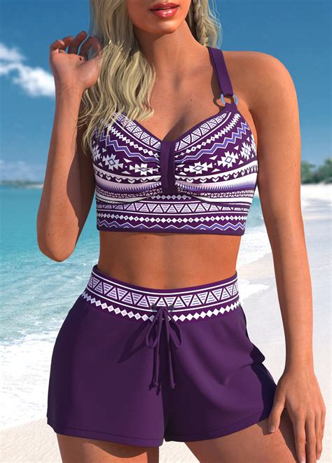 Rotita Metal Ring Purple Tribal Print Bikini Top Rotita Usd