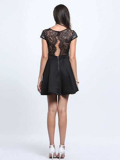 Black V Neck Lace Top Backless Cap Sleeve Skater Dress Choies