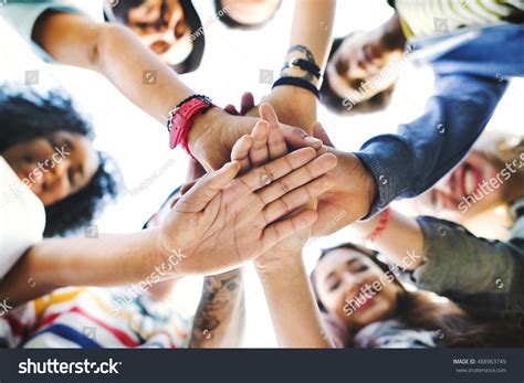 College Students Teamwork Stacking Hand Concept Stock Photo 488963749