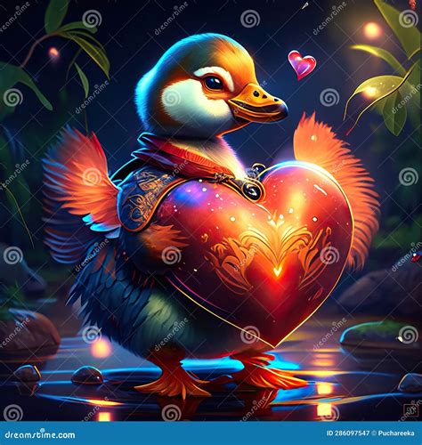 Mandarin Duck Hugging Heart Illustration Of A Cute Duck With A Heart In