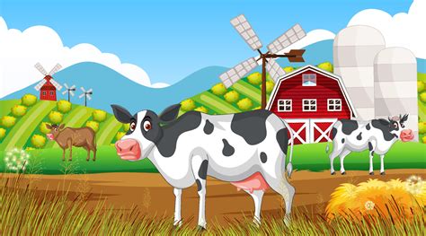 Outdoor cow farm scene with happy animals cartoon 7623037 Vector Art at ...