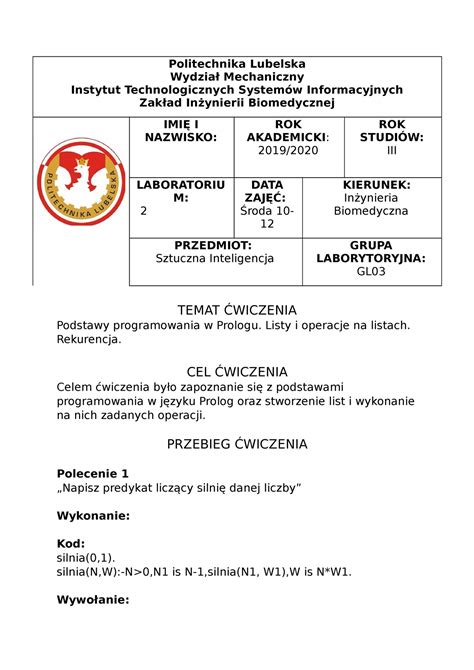 Ib Rok Iii Gl Sztuczna Inteligencja Sprawozdanie Politechnika