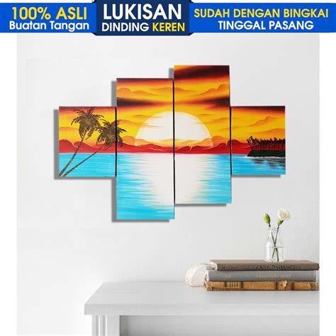 Jual Lukisan Pantai Sunset Set Minimalis Lukisan Kaligrafi Surat Ali