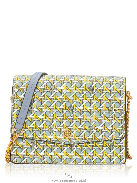 Tory Burch Robinson Printed Convertible Shoulder Bag Blue Basket Weave