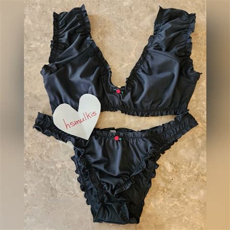 Pink By Frankies Bikinis Swim Pink By Frankies Bikinis Hudson Bikini Top Bottom Black Ruffle