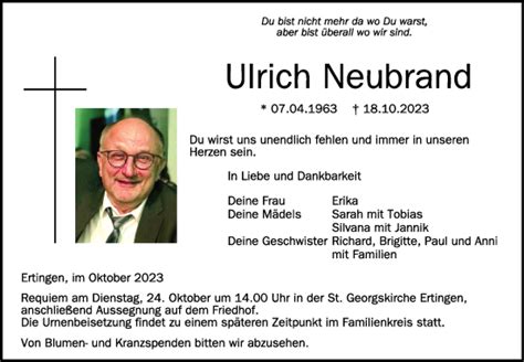 Traueranzeigen Von Ulrich Neubrand Schwaebische De Trauerportal