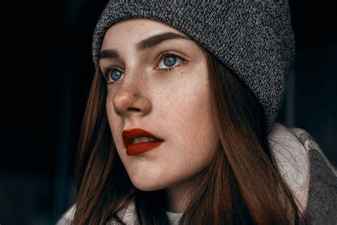 Women Face Portrait Red Lipstick Freckles Blue Eyes Wallpaper