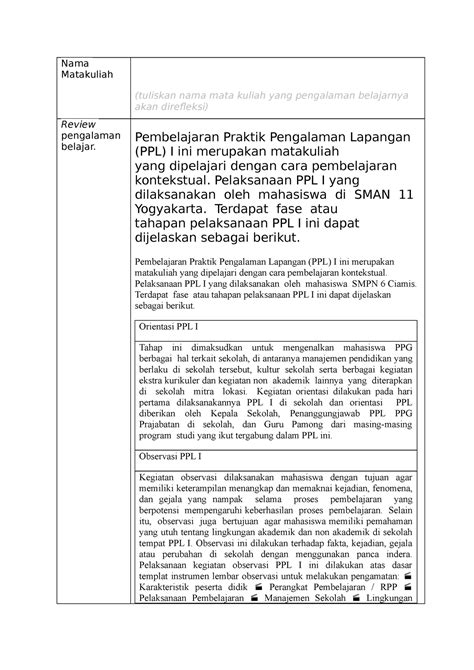 Jurnal Refleksi PPL 1 Othr Nama Matakuliah Tuliskan Nama Mata