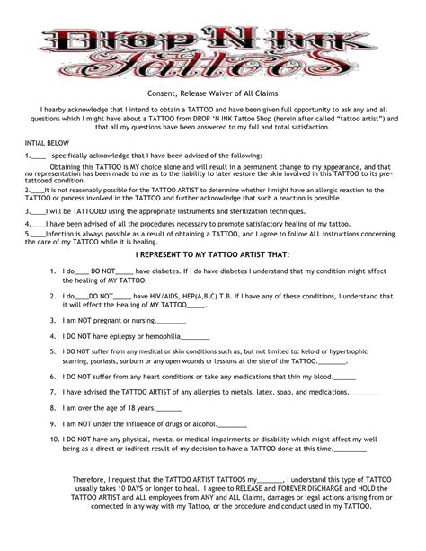 Free Printable Tattoo Consent Form Templates PDF Example