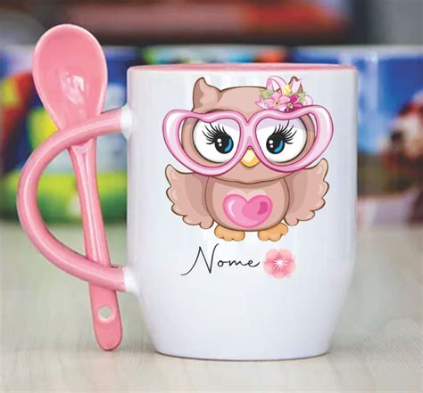 Caneca Colher Coruja Personalizada Nome Promo O Elo