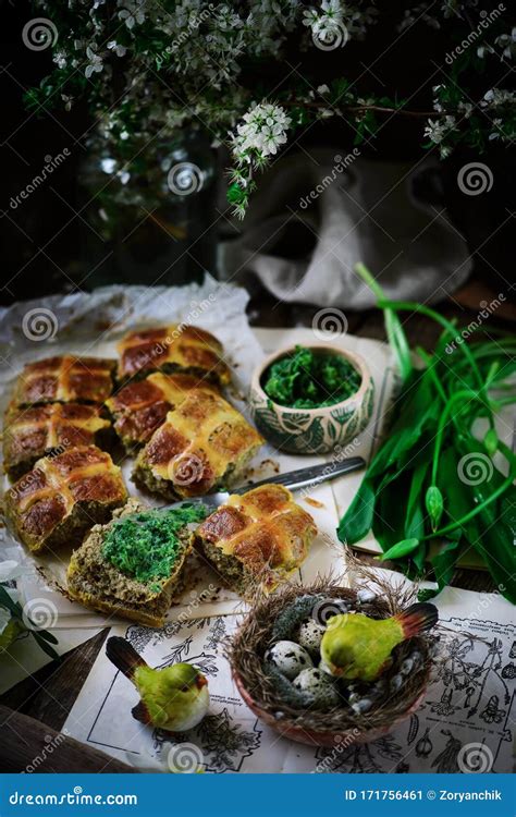 Savoury Cheddar And Wild Garlic Hot Cross Buns Traditional Easter Pastries Stock Image Image
