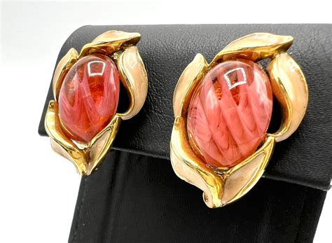 Oscar De La Renta Signed Earrings Red Glass Cabochons Enamel And Gold