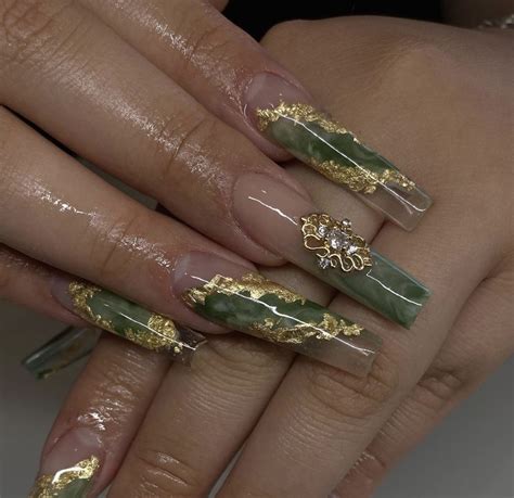 Pin By Melissa Joves On Nails Green Acrylic Nails Jade Nails Gold