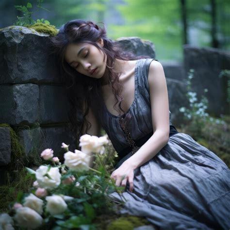 A Woman Is Sitting On A Stone Wall Next To A Bunch Of Flowers Premium