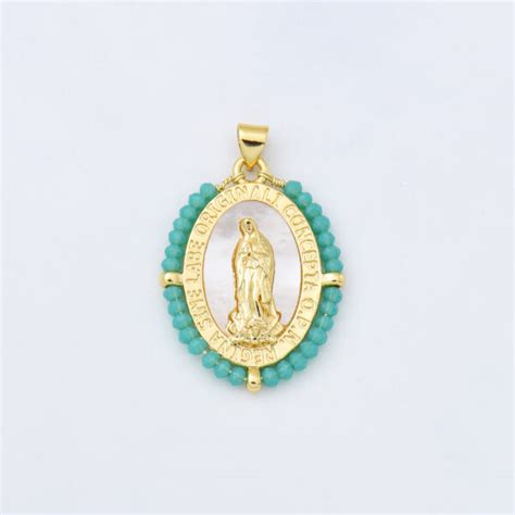 Blessed Virgin Mary Shell Pearl Beaded Charm Lady Of Guadalupe Gold