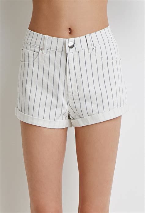 Forever 21 Striped Denim Shorts In Beige Creamnavy Lyst