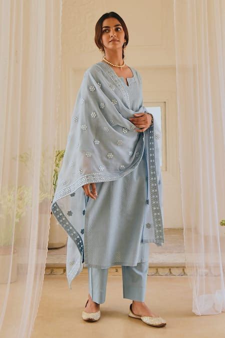 Buy Blue Kurta And Dupatta Cotton Embroidered Floral Notched Set With