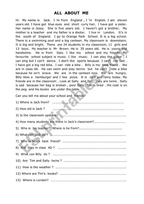 All About Me Esl Worksheet By Fezafen