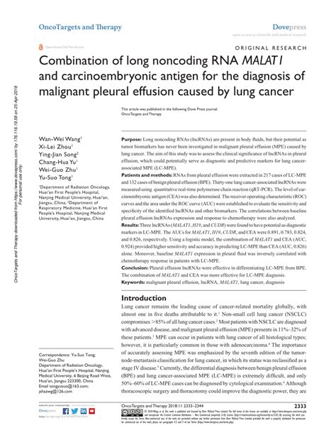 Pdf Combination Of Long Noncoding Rna Malat And Carcinoembryonic