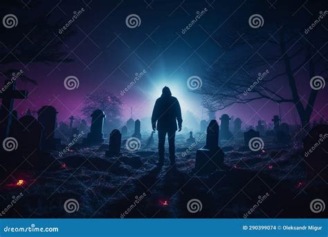 Silhouette of Man in Cemetery at Night, Wearing Black Hoodie. Stock ...