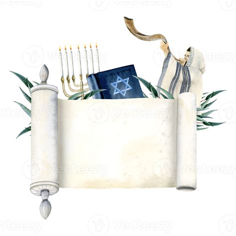 Blank Torah Scroll With Yom Kippur Symbols Banner Template Watercolor