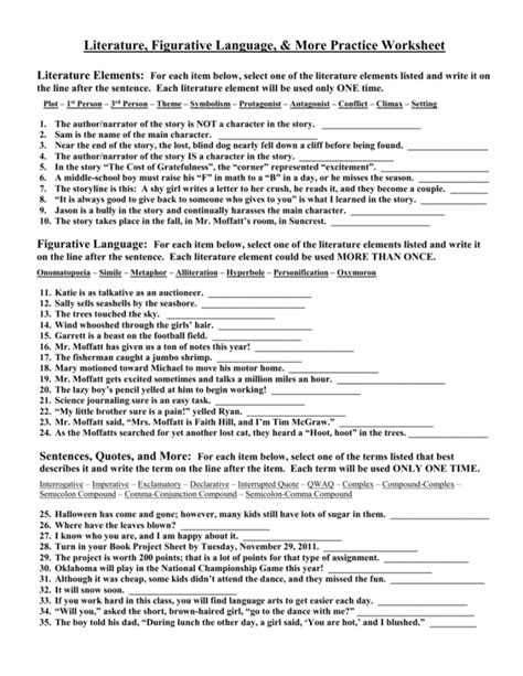 Literature Figurative Language And More Practice Worksheet Language