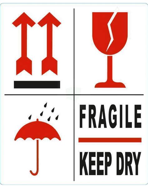 Transportetiket Label BREEKBAAR FRAGILE KEEP DRY PIJL GLAS